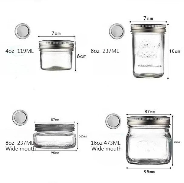 Various sizes of clear glass mason jars with lids shown next to corresponding volume measurements.