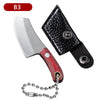 A black leather folding knife with a stainless steel blade and wooden handle attached to a metal keychain.