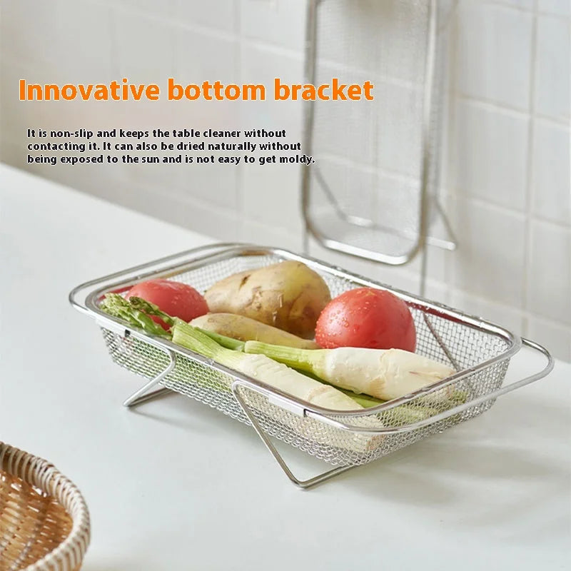 A stainless steel innovative bottom bracket tray holding vegetables like potatoes and tomatoes.