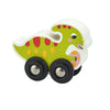 A wooden magnetic train car shaped like a green dinosaur with white and red markings.