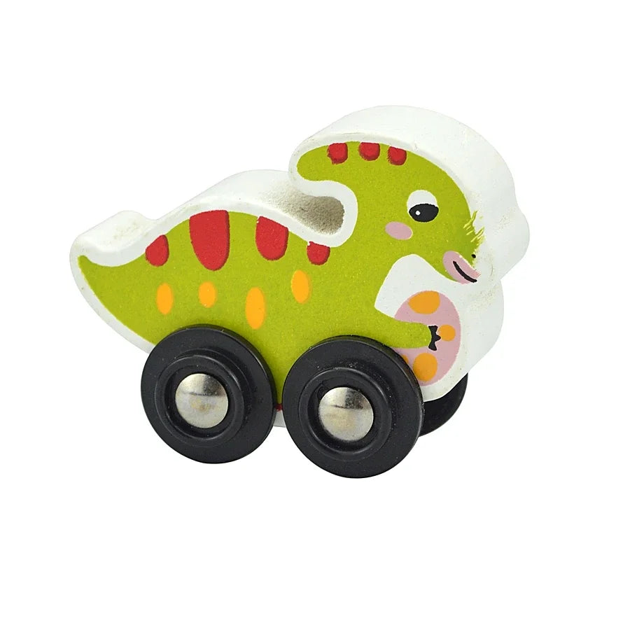 A wooden magnetic train car shaped like a green dinosaur with white and red markings.