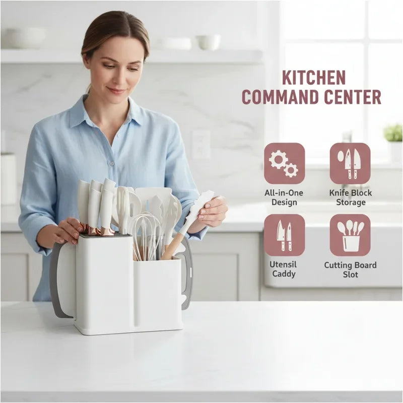 A woman is shown using a white kitchen command center storage organizer filled with various knives and silicone tools.