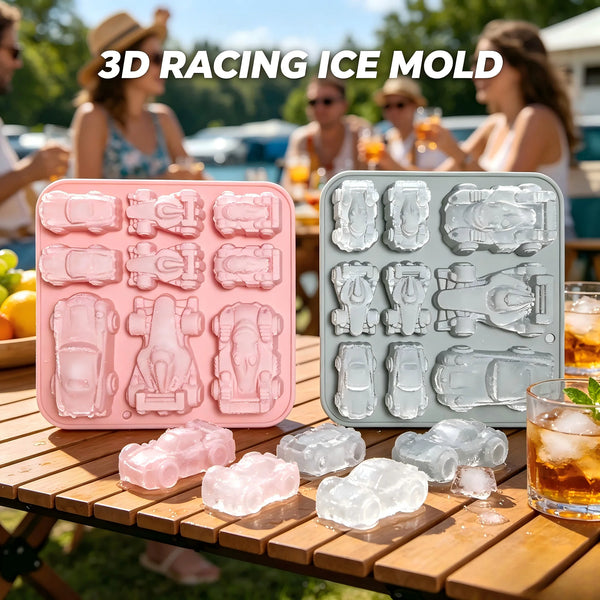 A pink silicone ice mold with 9 cavities is displayed on a wooden table alongside various ice cubes in an outdoor setting.