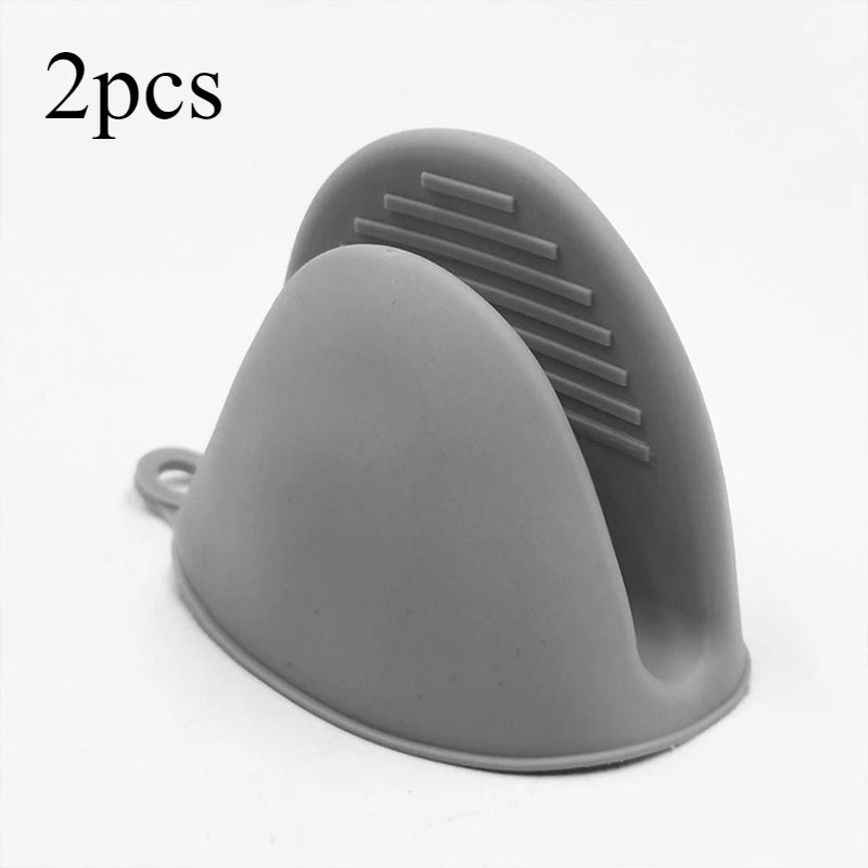 A gray silicone oven mitt with ribbed texture shown from the side.