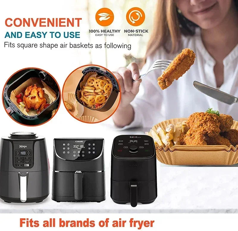 A woman is using a reusable silicone baking liner in an air fryer basket to cook food.