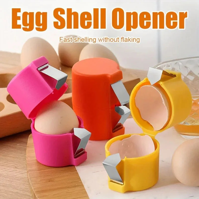 A set of colorful manual egg shell openers in pink, orange, and yellow are shown next to raw eggs.