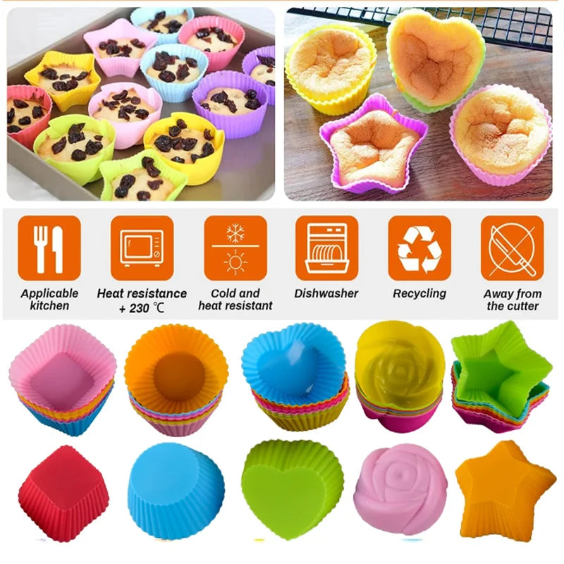 A set of silicone muffin and cake baking molds in various colors including pink, yellow, green, blue, and orange.