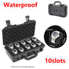 Black waterproof watch storage case with 10 slots and a carrying handle