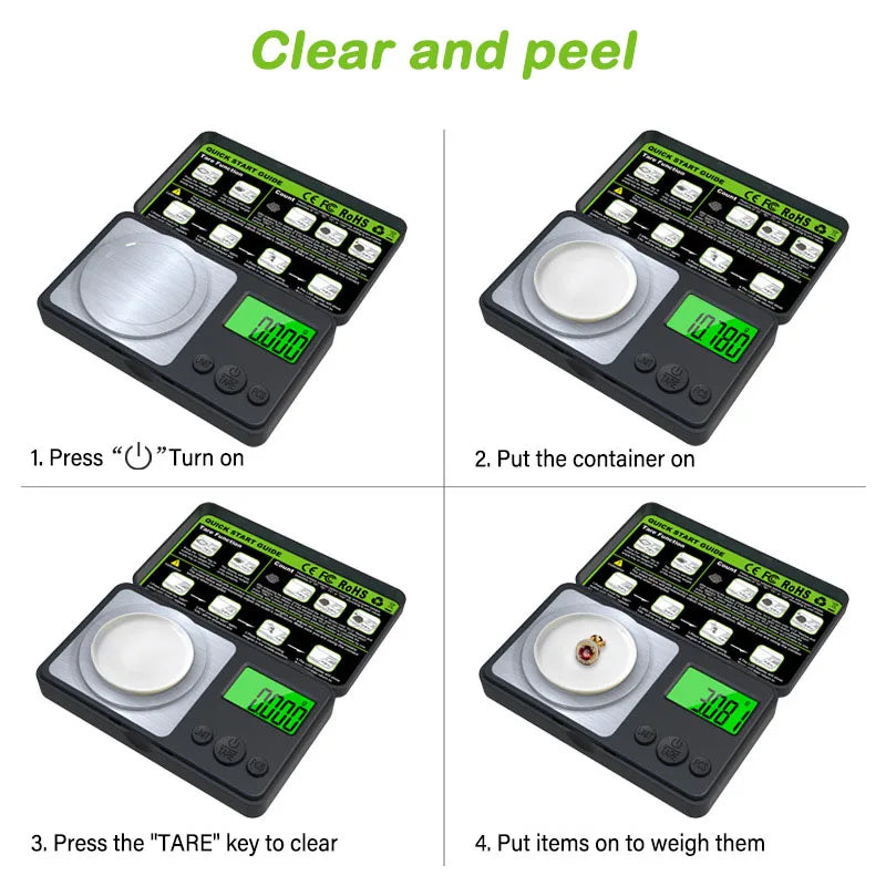 Instructions for using a precision digital jewelry scale showing steps to turn on, put the container on, clear, and weigh ite