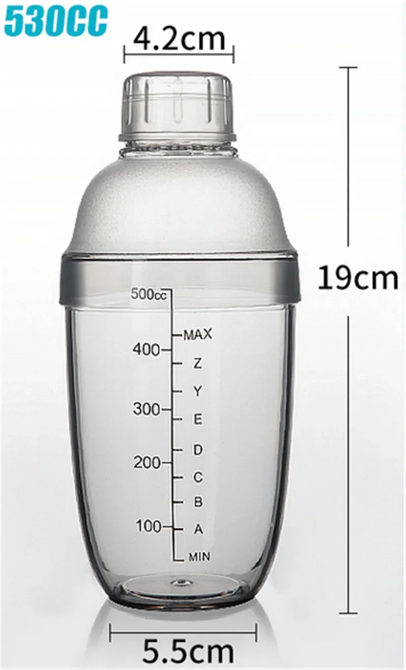 A clear plastic cocktail shaker bottle with volume markings and a screw cap.