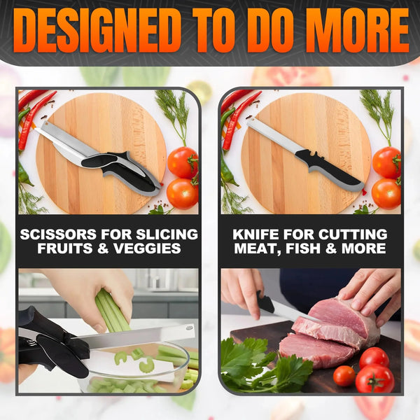Set aus zwei Multifunktions-Küchenscheren und einem Messer zum Schneiden von Obst, Gemüse und Fleisch.