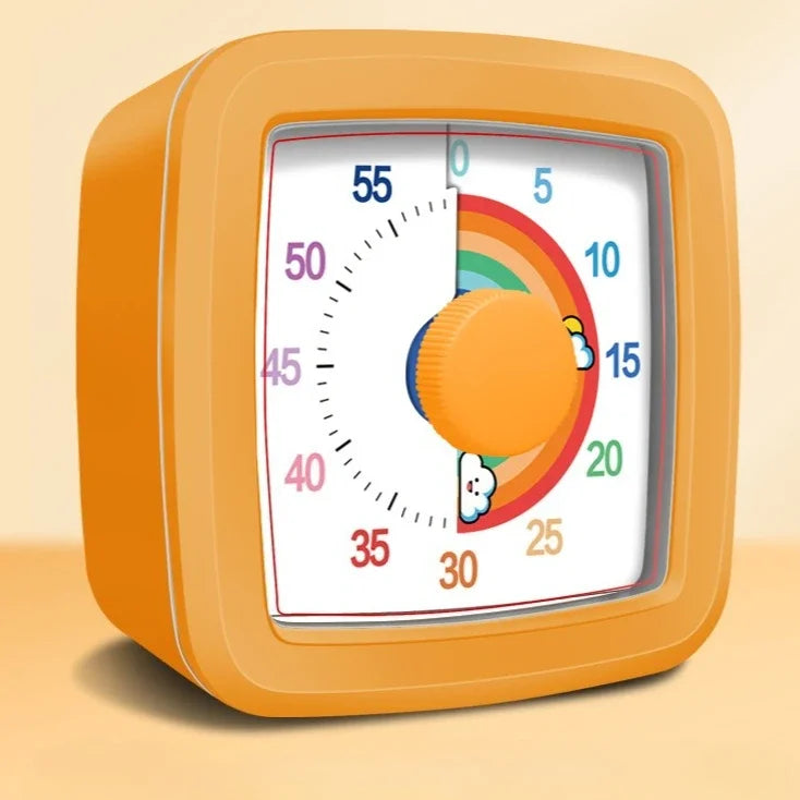 An orange visual timer with a circular gauge showing time in minutes and seconds.