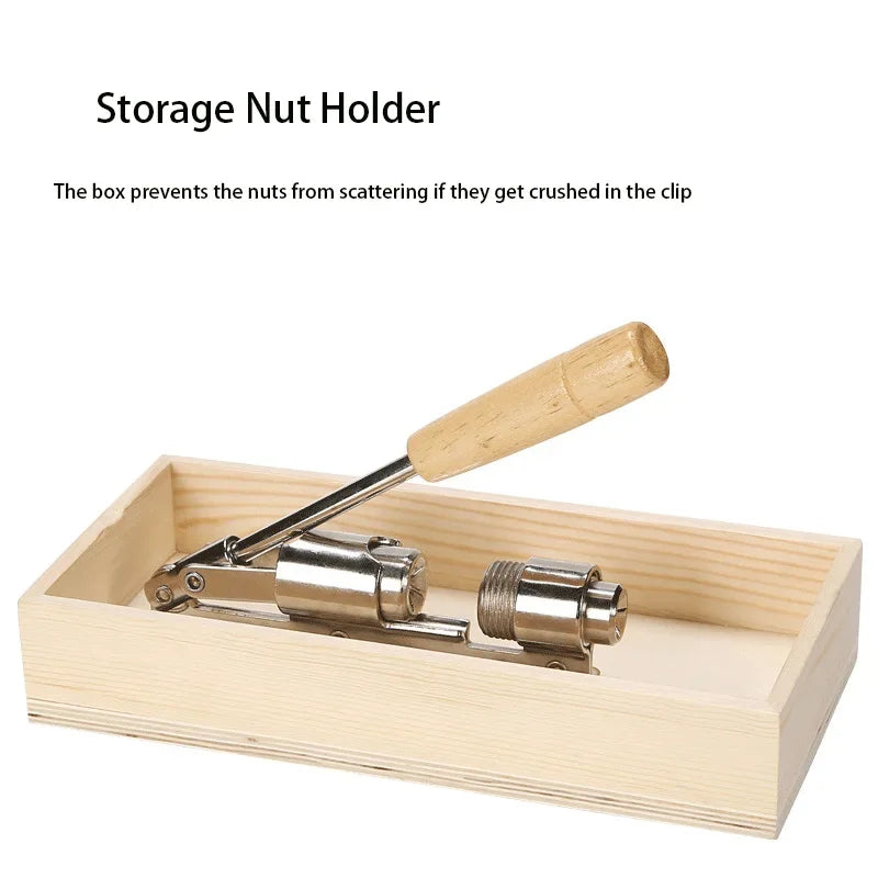 A wooden storage nut holder with a stainless steel manual nut cracker tool.