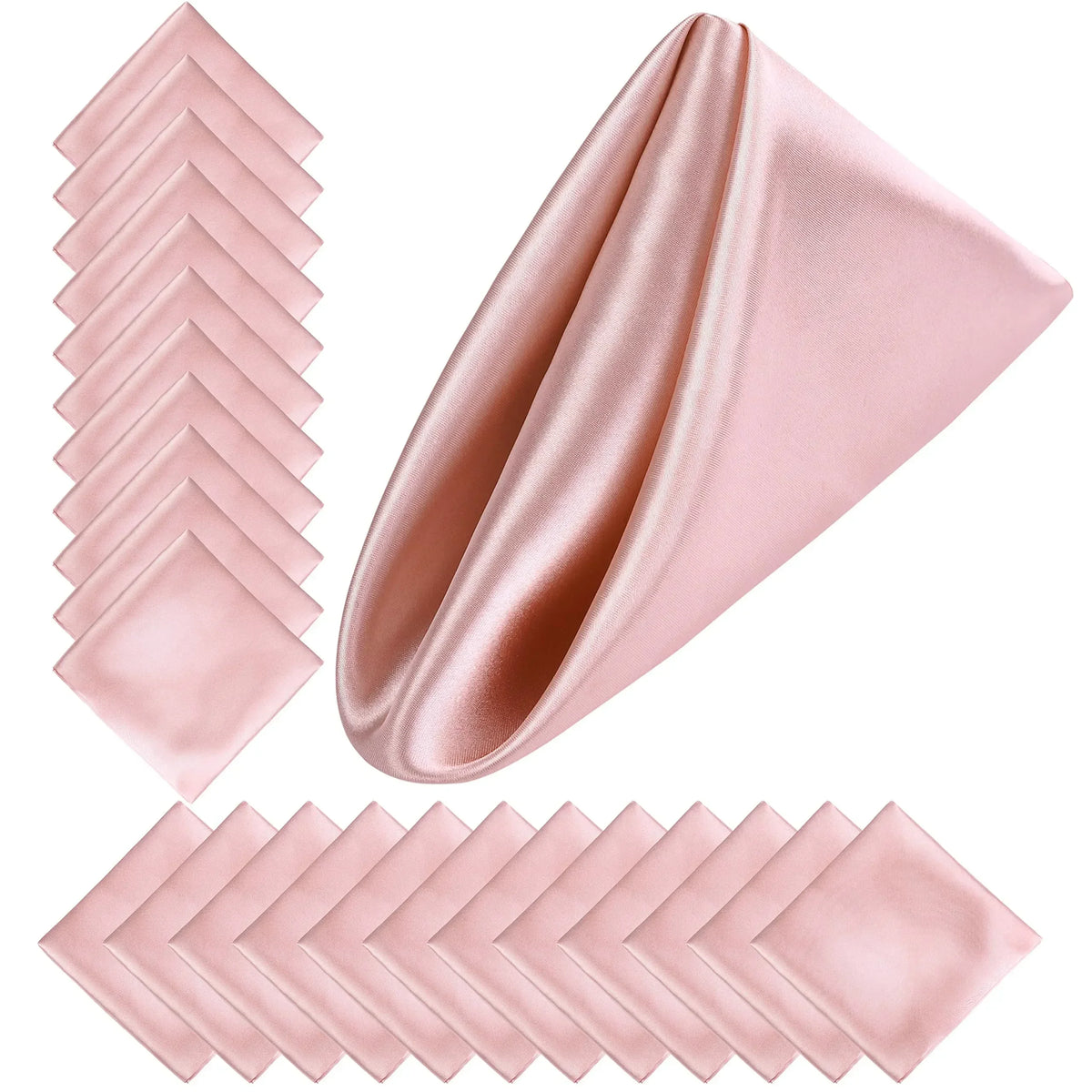 A collection of pink satin dinner napkins folded into fan shapes.