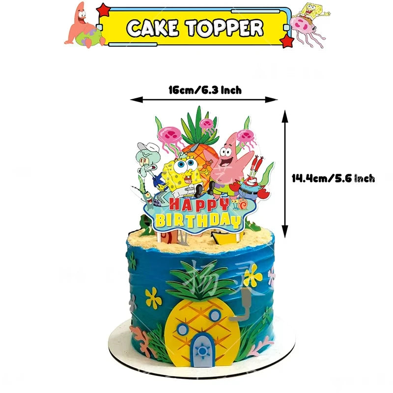 A cake topper featuring SpongeBob characters and a pineapple design for a birthday celebration.