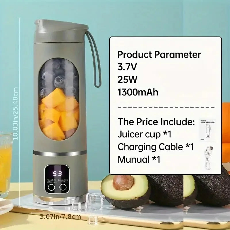 A silver portable handheld juicer blender with a juice cup and charging cable displayed on a cutting board.