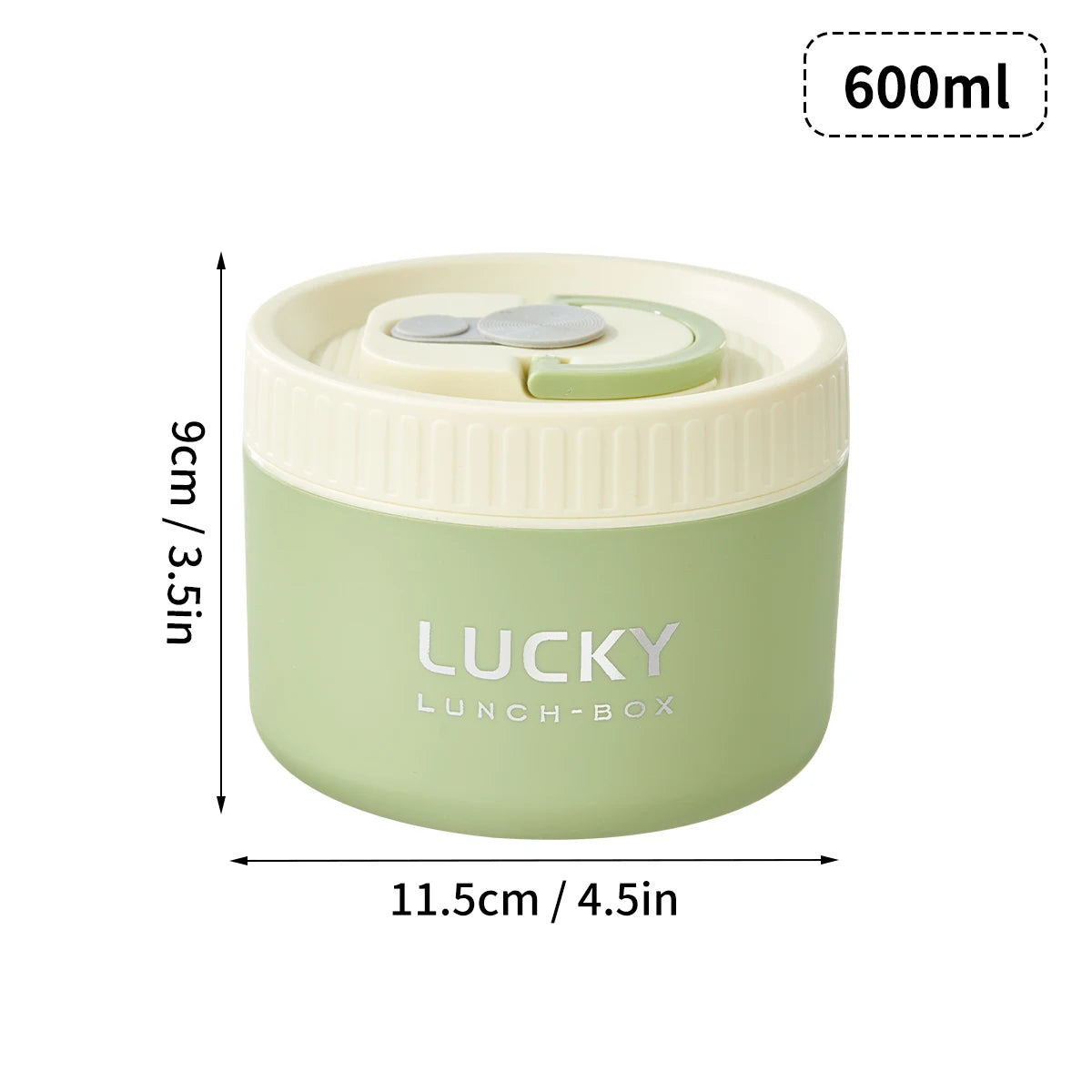 A light green portable stackable thermal lunch box with a lid and measuring lines.