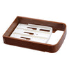A brown foldable ceramic bread and toast cutter with multiple slots for slicing.