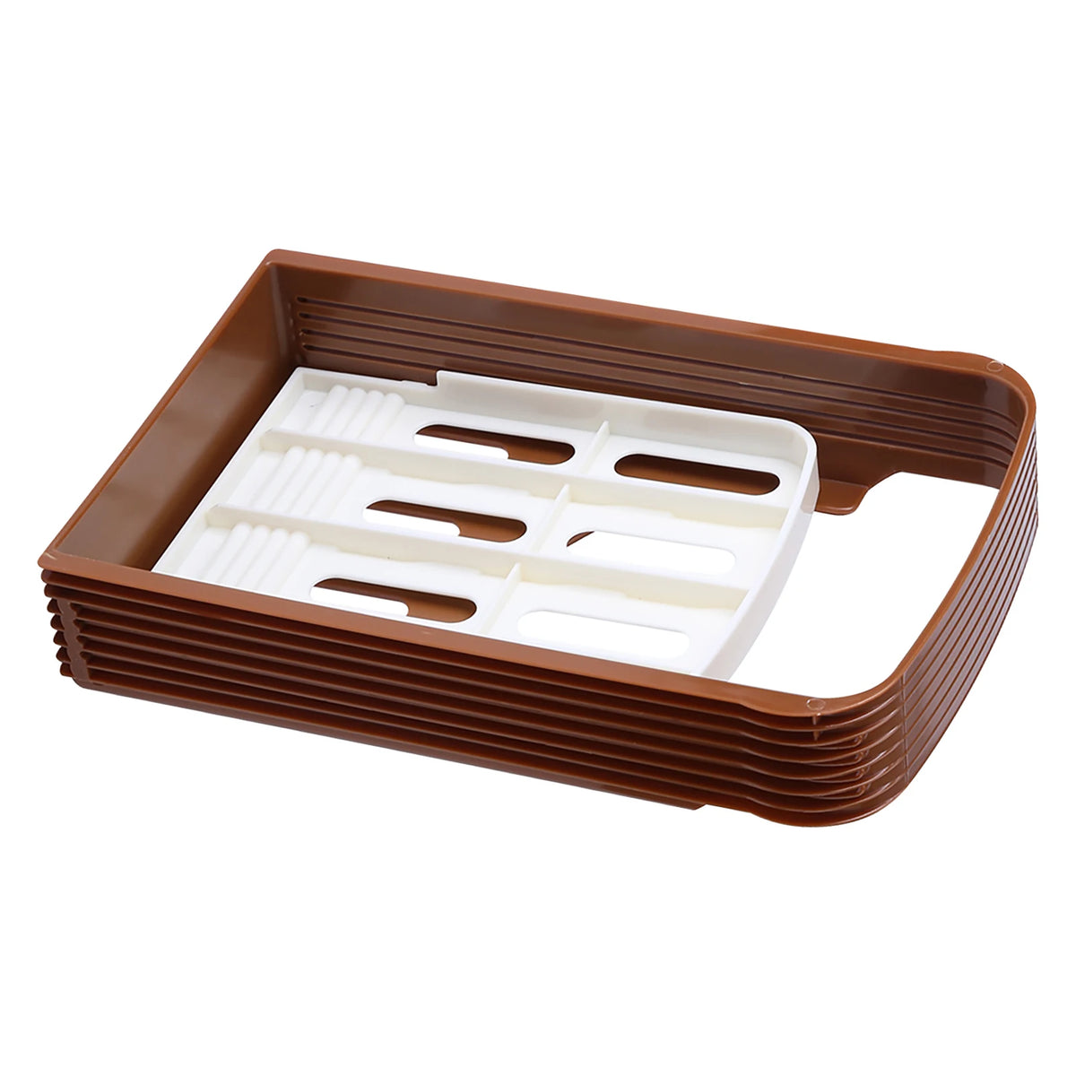 A brown foldable ceramic bread and toast cutter with multiple slots for slicing.