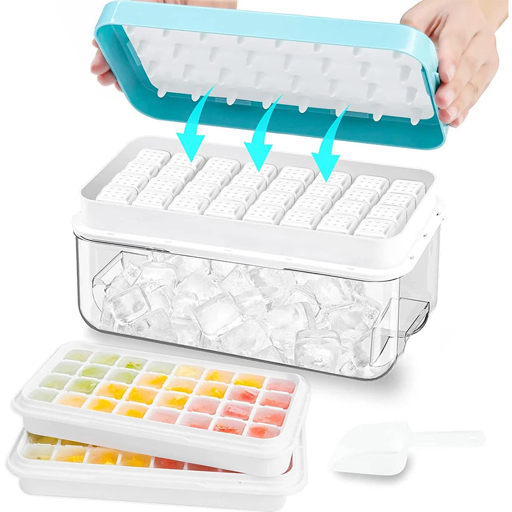 A stackable silicone ice cube tray set with a clear storage bin and multiple colored ice cubes is shown.