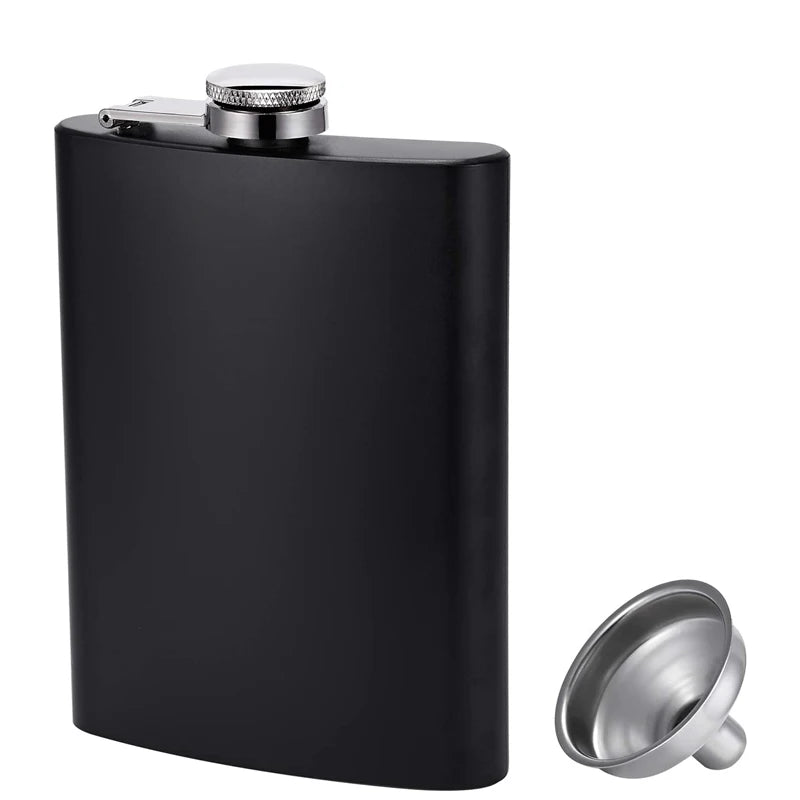 Matte black stainless steel hip flask with a metal funnel top