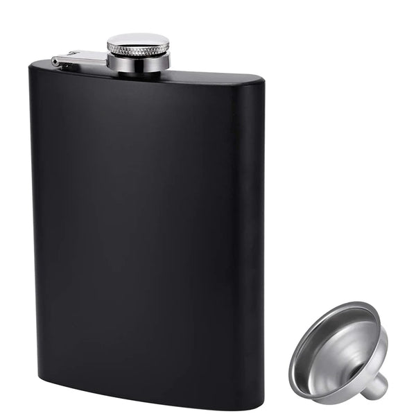 Matte black stainless steel hip flask with a metal funnel top