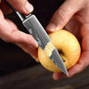 A hand holds a professional Damascus chef knife slicing through an apple.