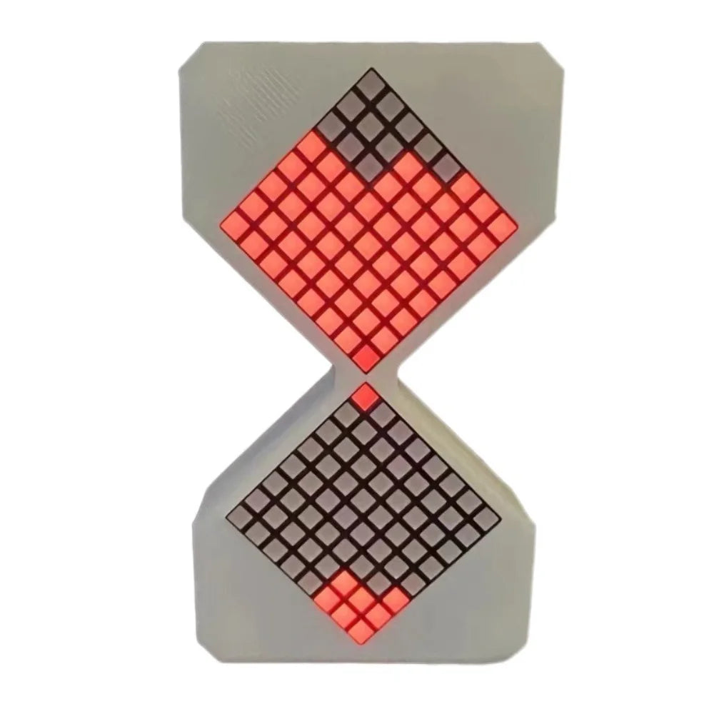 A clear plastic hourglass timer with a diamond shape, featuring red LED lights on the top half and a grid pattern on the bott