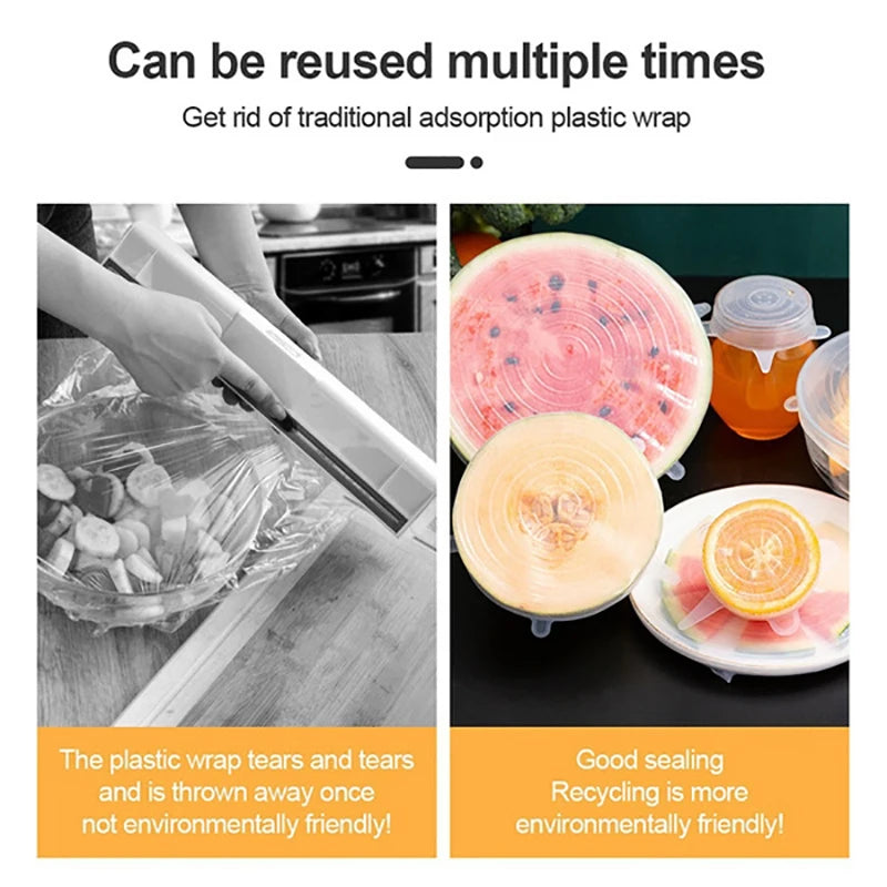 A hand is tearing plastic wrap, contrasting with a reusable silicone food storage lid and fresh food.