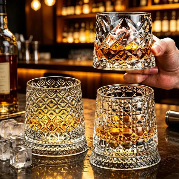 A hand holds a rotating crystal whiskey glass set with amber liquid on a dark surface.