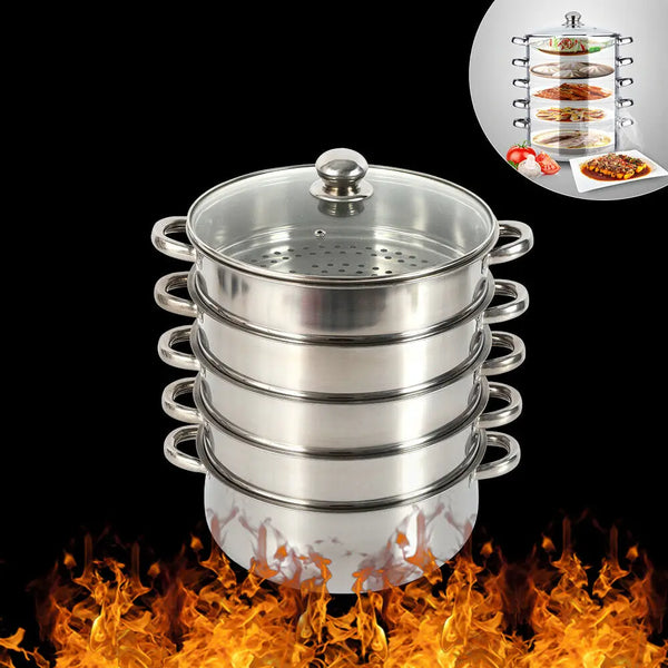 A stainless steel multi-size steam cooker with multiple tiers of cooking inserts is shown above flames.