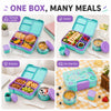 A colorful kids bento lunch box with compartments and a thermos jar filled with food items.