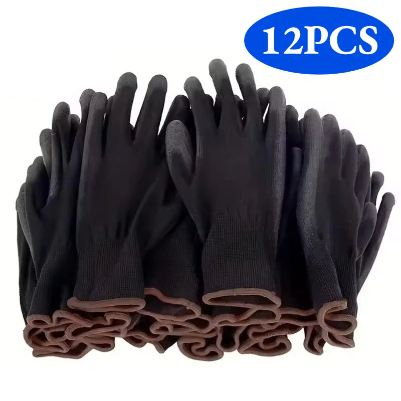A bundle of 12 pairs of black anti-slip PU coated gloves stacked together.