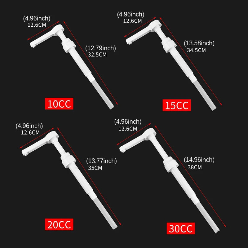 Various sizes of precision syrup dispenser pumps shown in different lengths and capacities.