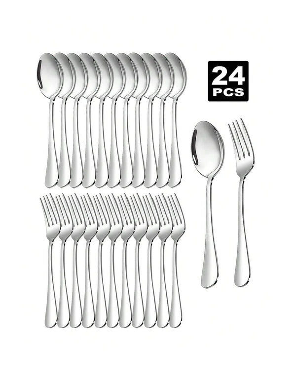 Ein Set von 24 Edelstahl-Essbesteck (Gabeln und Löffel).