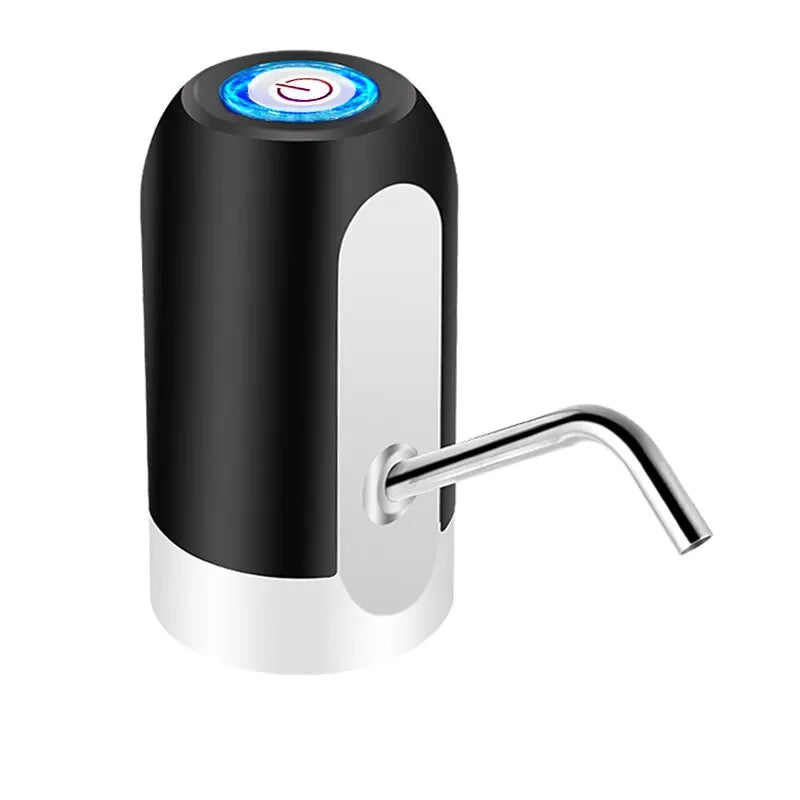 A black and silver automatic USB charging water dispenser pump with a metal spout.