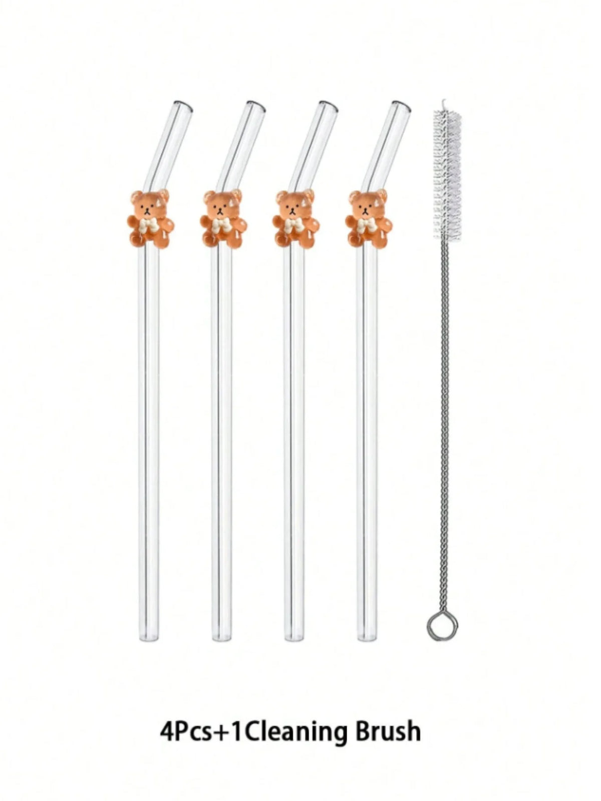 A set of four glass straws with orange bear charms and one cleaning brush.