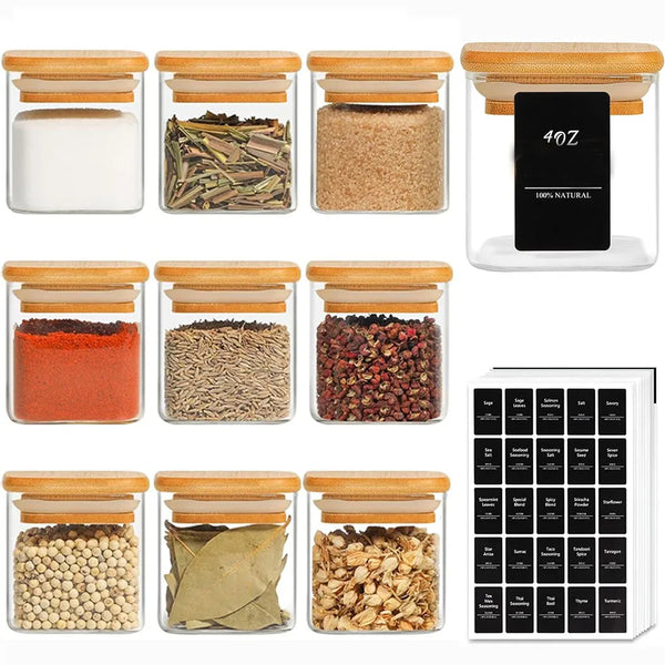 A collection of airtight glass spice jars with bamboo lids filled with various natural spices and herbs.