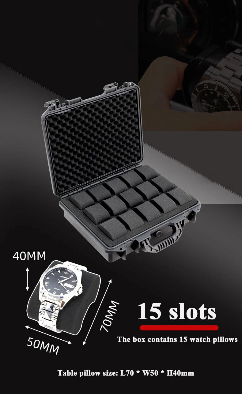 A black plastic watch storage case with an open lid showing 15 slots and a table pillow size specification.
