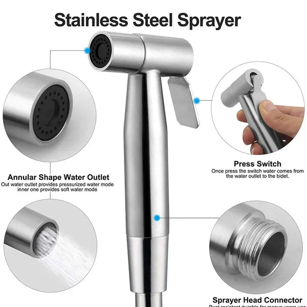 Stainless steel sprayer featuring an annular shape water outlet and a press switch for bidet use