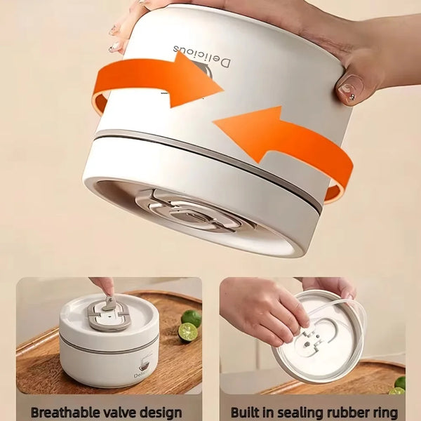 Eine Hand hält eine weiße, portable isolierte Edelstahl-Lunchbox mit einem orangen Pfeil, der ihre Funktion anzeigt.