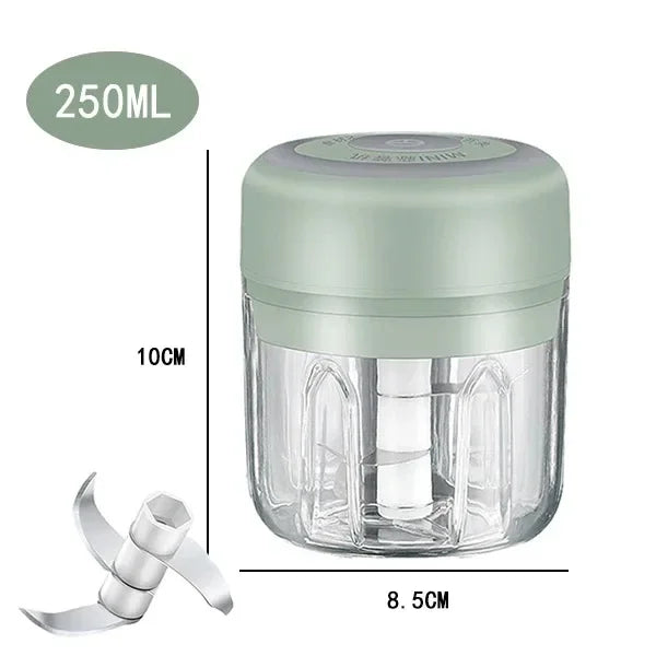 A clear plastic mini food chopper with a lid and a metal blade attachment shown next to a measurement scale.