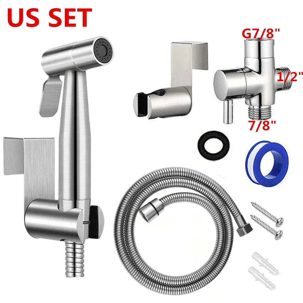 A set of handheld stainless steel bidet sprayers, including a main unit, a separate sprayer head, and various nozzles.