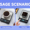 Four usage scenarios for a precision digital kitchen scale including baking, coffee brewing, meal prep, and fitness tracking.