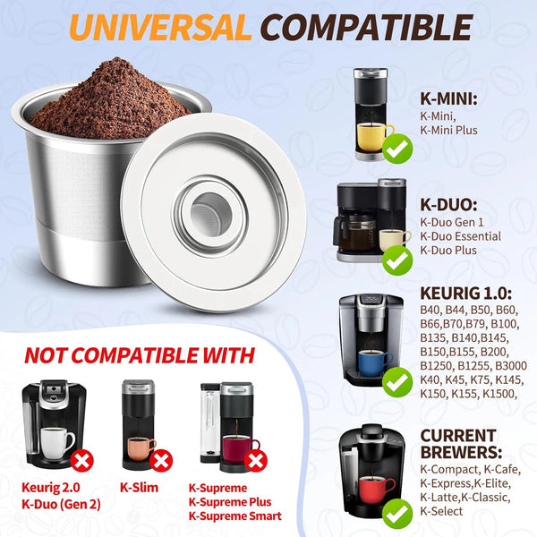 Wiederverwendbarer Edelstahl-K-Cup-Kapselspender mit verschiedenen kompatiblen K-Mini- und K-Duo-Modellen.