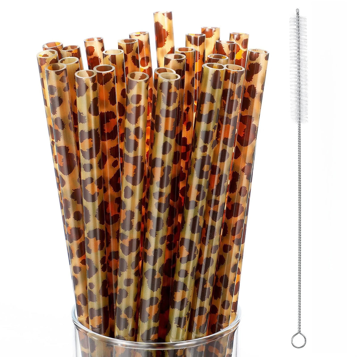 A set of reusable plastic straws in a leopard print pattern with a cleaning brush.