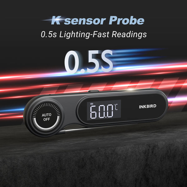 An Inkbird K sensor probe digital meat thermometer displaying 60.0°C on a dark surface.