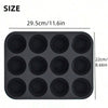 A black silicone muffin and cupcake baking mold set with dimensions 29.5cm/11.6in.