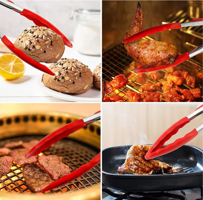 Red silicone kitchen tongs used to flip grilled meat on a BBQ grill.