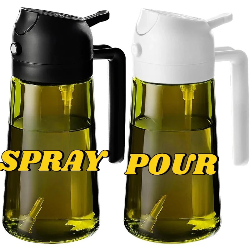 A black and white dual-function oil sprayer bottle with a pour and spray function.